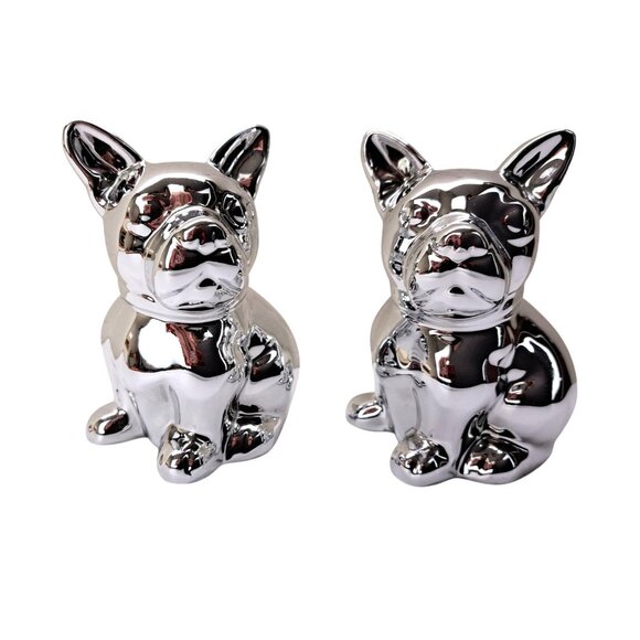 French Bulldog Figurine Set Of 2 Frenchie Dog Puppy Ceramic Silver Mirror Chrome - Picture 2 of 11